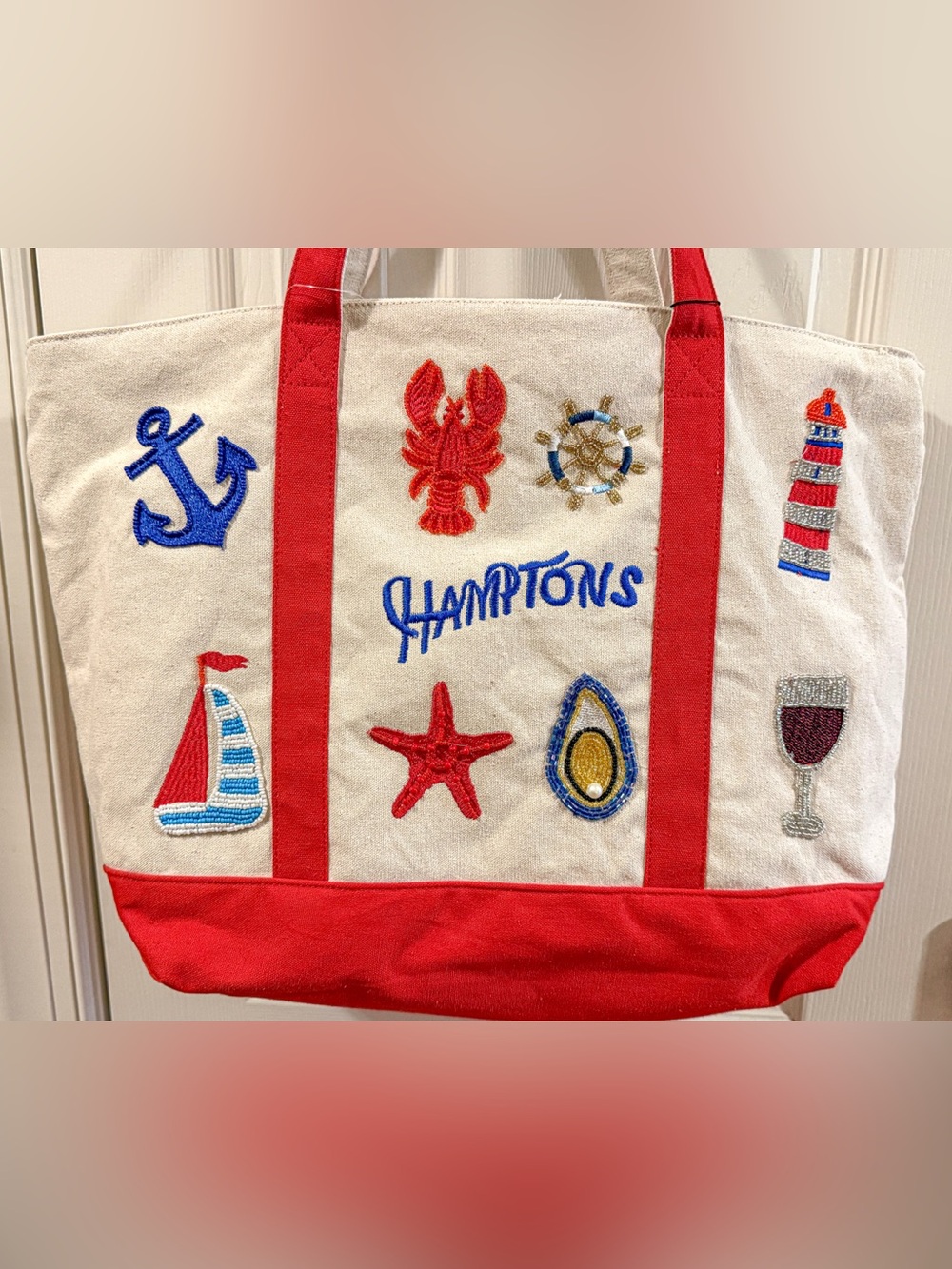 America & Beyond Hamptons Beaded Tote NWT Viral Coastal Beach Bag Red Canvas